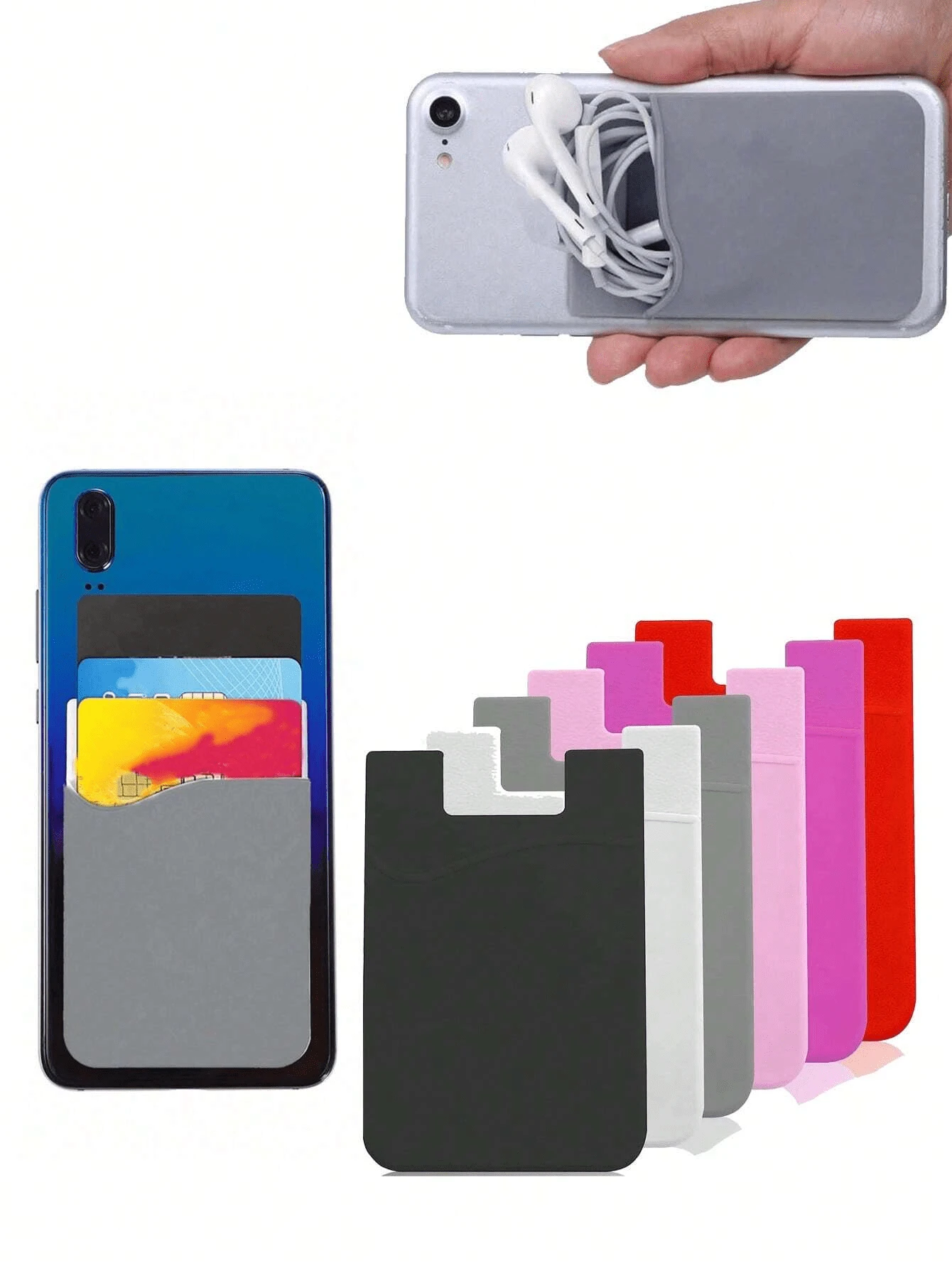 1PC Mobile Phone Silicone Card Holder Slot Sleeve, Stick On Pocket Credit Card ID Case Pouch Compatible With Apple Android - Multicolor - View 1