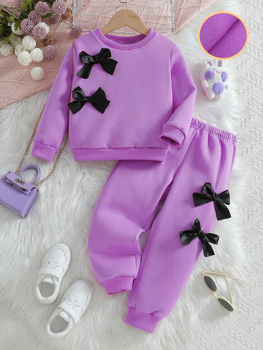 2 件套年轻女孩休闲可爱蝴蝶结装饰圆领长袖运动衫和蝴蝶结装饰裤子套装，秋冬 - 紫色 - 查看 1