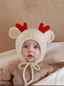 1 件男女通用儿童咖啡棕米色圣诞帽，带红色驯鹿角冬季耳罩，圣诞礼物 - 1PC - 查看 4