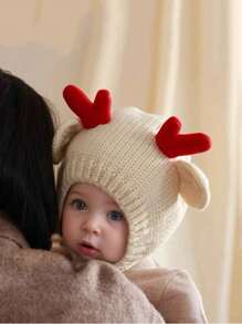 1 件男女通用儿童咖啡棕米色圣诞帽，带红色驯鹿角冬季耳罩，圣诞礼物 - 1PC - 查看 6