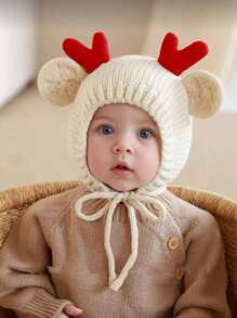 1 件男女通用儿童咖啡棕米色圣诞帽，带红色驯鹿角冬季耳罩，圣诞礼物 - 1PC - 查看 3