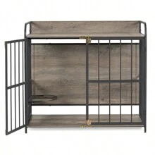GO 39'' Indoor Metal Dog Crate With Double Doors, Wooden Side End Table Crate, Dog Crate Furniture With Adjustable Feeder Stand, For Medium Dog, Gray - 灰色+實木+狗如圖 - 查看 10
