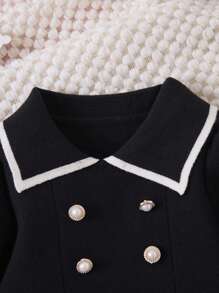 1 件装年轻女孩黑色简约圆领珍珠装饰公主裙荷叶边下摆毛衣裙，秋季 - 黑色 - 查看 3