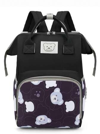 1 件熊图案拼色尼龙保温奶瓶袋，大容量带拉链，适合妈妈和宝宝日常使用