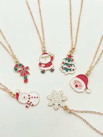 6 piezas Collares de cadena de mujer de la serie navideña, adecuados para uso diario y de fiesta