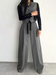 Fashion Design Wide Leg Pants Solid Color Commute Slimming Long Trousers - Grey - View 3