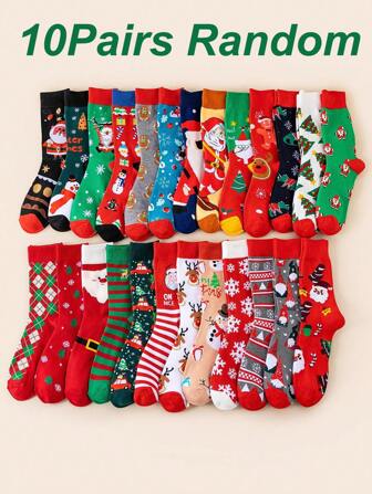10 par slumpmässiga höst/vinter kvinnor tecknade renar, jultomte, snöflinga, julgransmönstrade besättningssockor