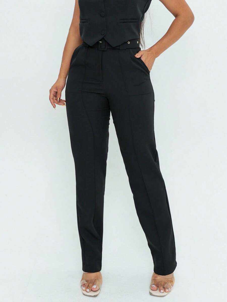 Women's Tailored Trousers With High Waist Belt - 深灰色 - 查看 1