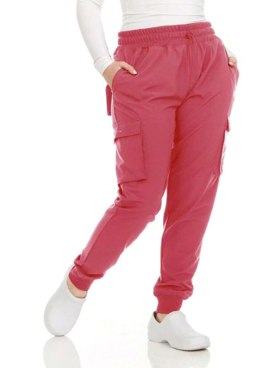 Women's Cargo Scrub Jogger Pants – 4-Way Stretch, Elastic Waist, Multiple Utility Pockets, Wrinkle-Resistant, Workwear For Nurses & Healthcare Professionals - Màu Hồng Tươi - Xem 1