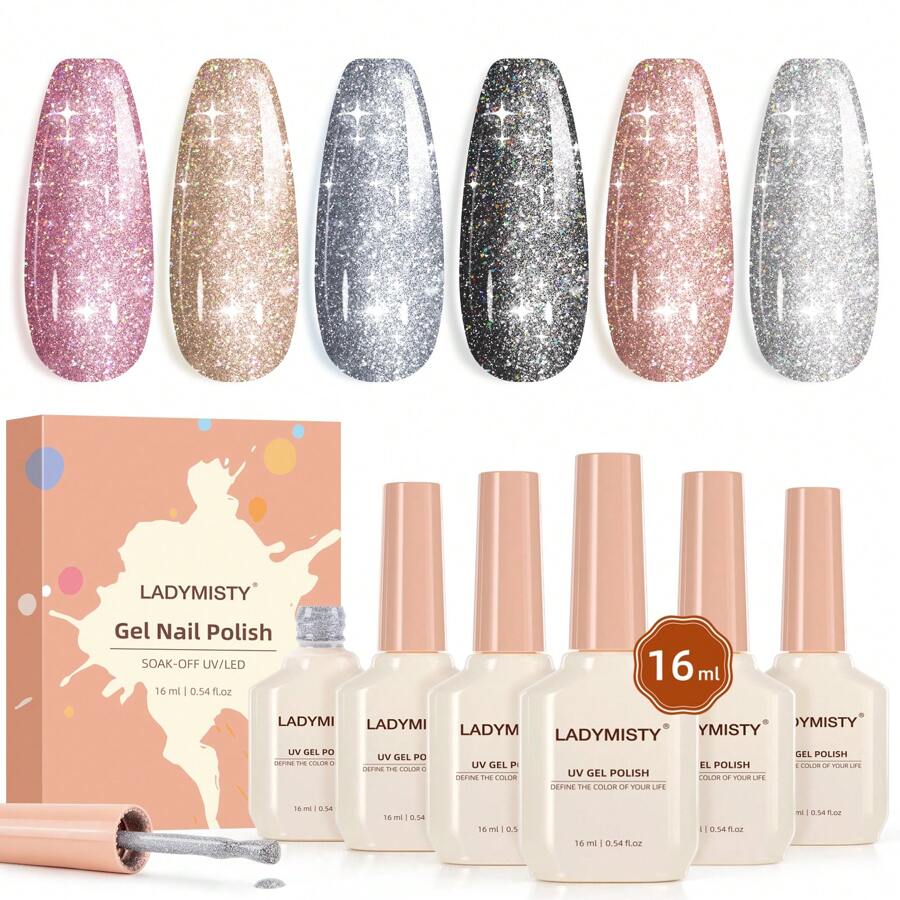LadyMisty 16ml Glitter Gel Nail Polish Set Of 6 Colors, Reflective Glitter Gel Polish Chrome Platinum Glitter UV LED Soak Off Black Silver Pink Gel Polish Kit Home DIY Manicure Varnish Gifts For Women - Multicolor - View 1