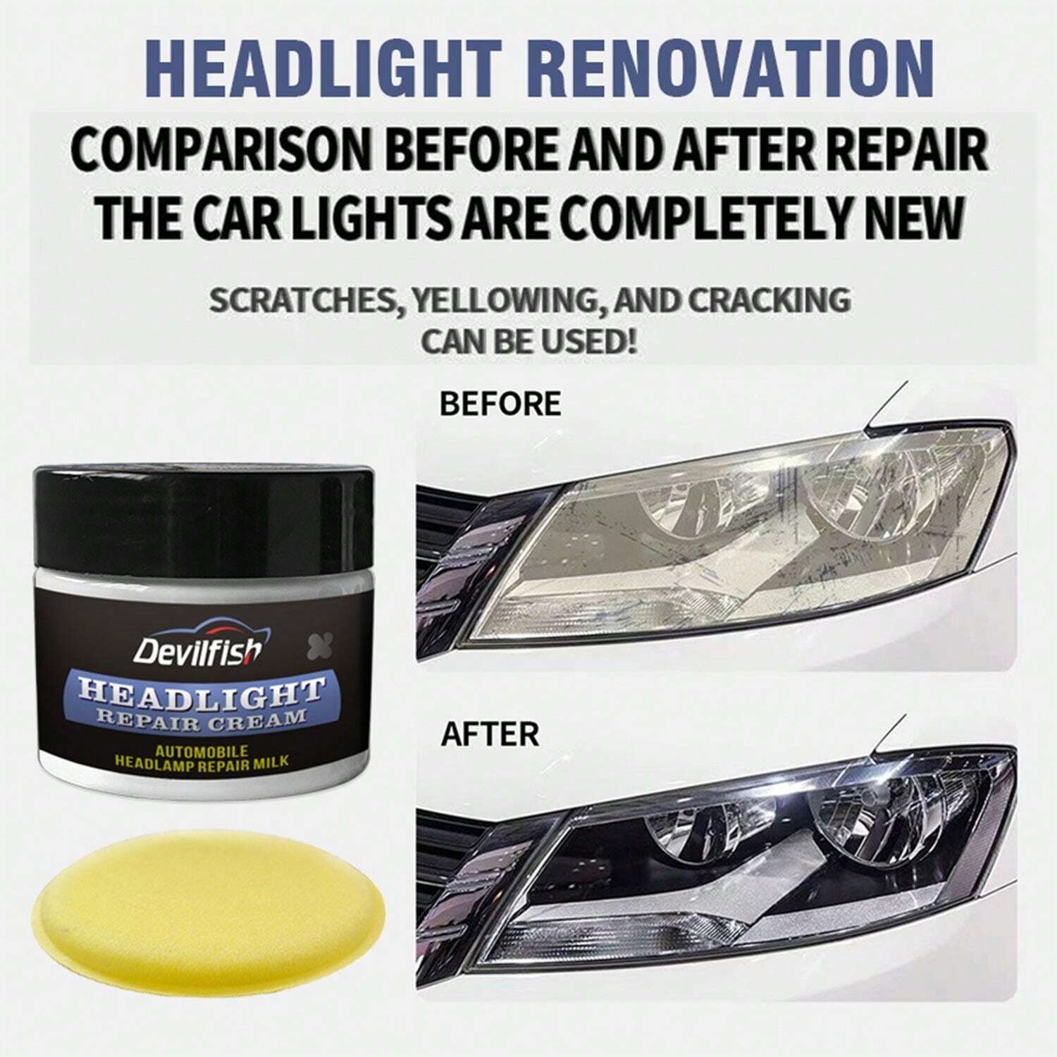 Kit De Rénovation De Phares De Voiture - Pâte à Polir - Rend Les Phares Clairs Comme Neufs En 30 Min