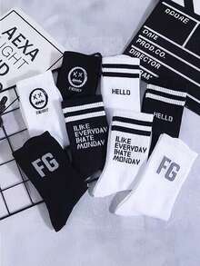 5 đôi tất nam bốn mùa phong cách ngẫu nhiên tất đen trắng chữ kẻ sọc biểu cảm xu hướng thể thao tất ống giữa thời trang thường ngày - Đen và trắng - Xem 6