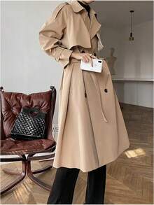 Gabardina de doble botonadura con bolsillos oblicuos con cinturón - Caqui - Ver 5