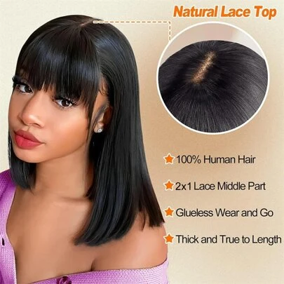 Fulgent Sun Hair Pelucas de cabello humano liso con flequillo para mujer, 2x1, con cabelludo realista, cabello brasileño liso, hechas a máquina.