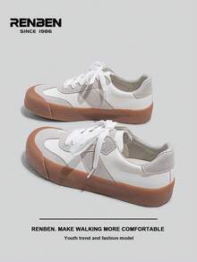 RENBEN 1 双女士新款秋季皮革鞋面时尚复古百搭休闲运动鞋系带旅行鞋 - 灰色 - 查看 5