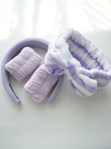 5 件蝴蝶结头带，女士可爱珊瑚绒洗脸头带、发箍、腕带、毛绒发圈、花朵发夹 - 紫色 - 查看 3