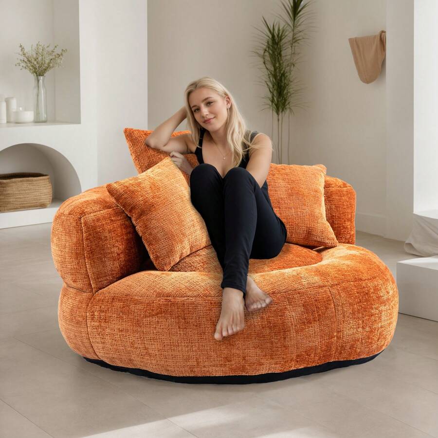 Lazy Sofa, Single Seat Bean Bag Sofa Chair, High-Back Durable Chenille Soft Recliner, Upholstered Lounge Sofa Chair, Includes 3 Pillows, Indoor/Outdoor Use, No Assembly Required, Suitable For Living Room, Bedroom And Apartment(Orange) - 橘色 - 查看 1