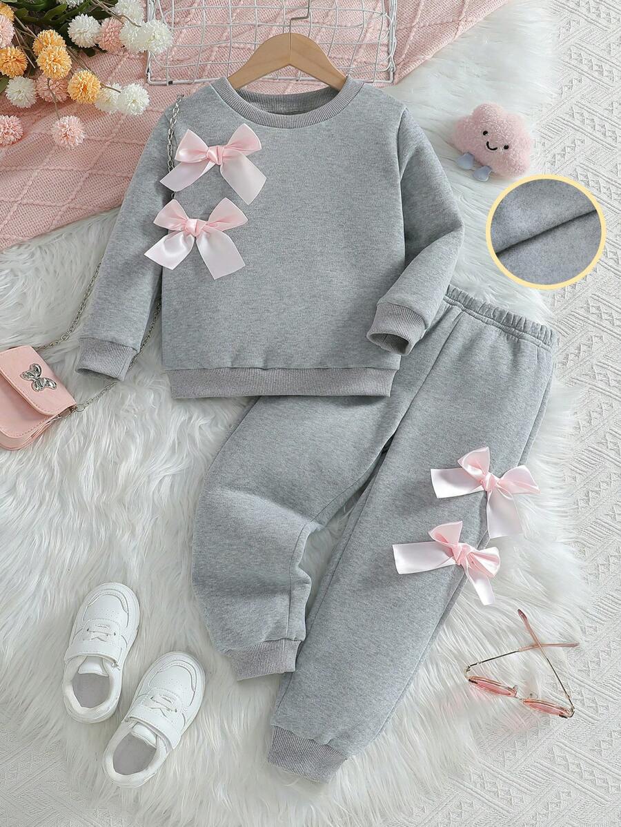 2pcs Young Girl Casual Cute Bow Decor Round Neck Long Sleeve Sweatshirt And Bow Decor Pants Set, Autumn/Winter - Grey - View 1