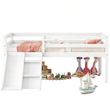 Twin Low Loft Bed With Slide, Ladder, Safety Guardrails, No Box Spring Needed, White