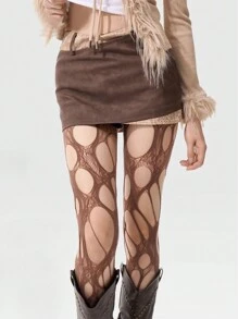 1 件女士均码咖啡棕色不对称孔渔网袜，适合所有季节和服装 - 咖啡棕 - 查看 3