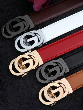 caivektine 1pc 2025 New G Letter Design Men's Belt, Quality Metal G Letter Automatic Buckle Belt, Casual Multi-Color Genuine Leather Strap, Fashionable Casual Men's Belt, Easily Paired With Formal Wear Summer, School Casual, Business, Boyfriend Husband Father Dad Men Gift, Daily Wear, Fashion, Teen, Outdoor, Vacation, Athletic, Travel