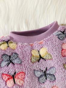 2 件套年轻女孩可爱简约休闲校园甜美女士彩色蝴蝶印花毛绒圆领长袖长裤保暖睡衣家居服套装秋冬