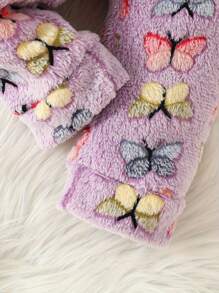 2 件套年轻女孩可爱简约休闲校园甜美女士彩色蝴蝶印花毛绒圆领长袖长裤保暖睡衣家居服套装秋冬