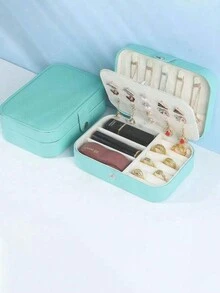 1 件长方形 PU 珠宝收纳盒，便携式珠宝盒，化妆托盘，夏季旅行珠宝盒，便携式多隔层旅行珠宝展示盒，收纳礼盒，简易翻盖，防水大容量，适用于戒指、项链、耳环、手表、口红等珠宝收纳，卧室配饰，户外旅行用品，带纽扣开合，优雅的国际风格，适合旅行和家居使用，适合女孩、礼物、假日旅行 - 藍色 - 查看 4