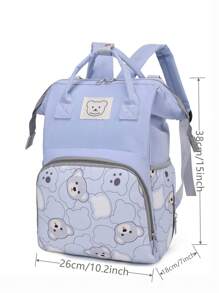 1pc Bear Print Color Block Decor Nylon Baby Bottle Tote Bag, Large Capacity Zipper Closure, Portable Design For Moms Daily Use - Blue - View 3