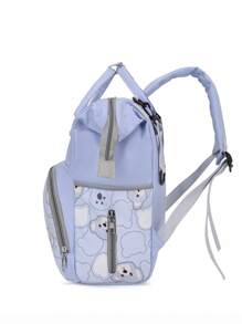 1pc Bear Print Color Block Decor Nylon Baby Bottle Tote Bag, Large Capacity Zipper Closure, Portable Design For Moms Daily Use - Blue - View 5