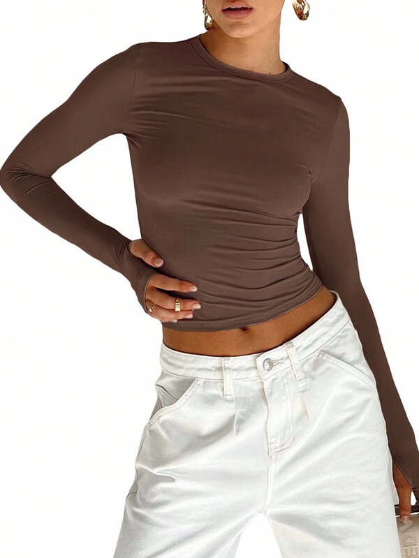 Mulheres Primavera/Outono Nova Gola Redonda Cor Sólida Simples Ajustado Recorte Manga Longa Top Curto