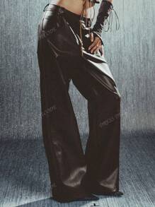 Low-Rise Distressed Wide-Leg PU Leather Pants