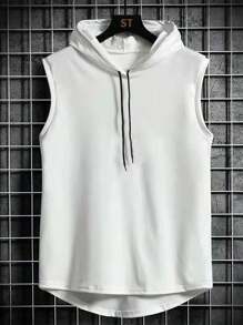 Parte superior casual con capucha con cordón para hombres, Playeras de Hombre sin Mangas con Capucha Casual - Blanco - Ver 5