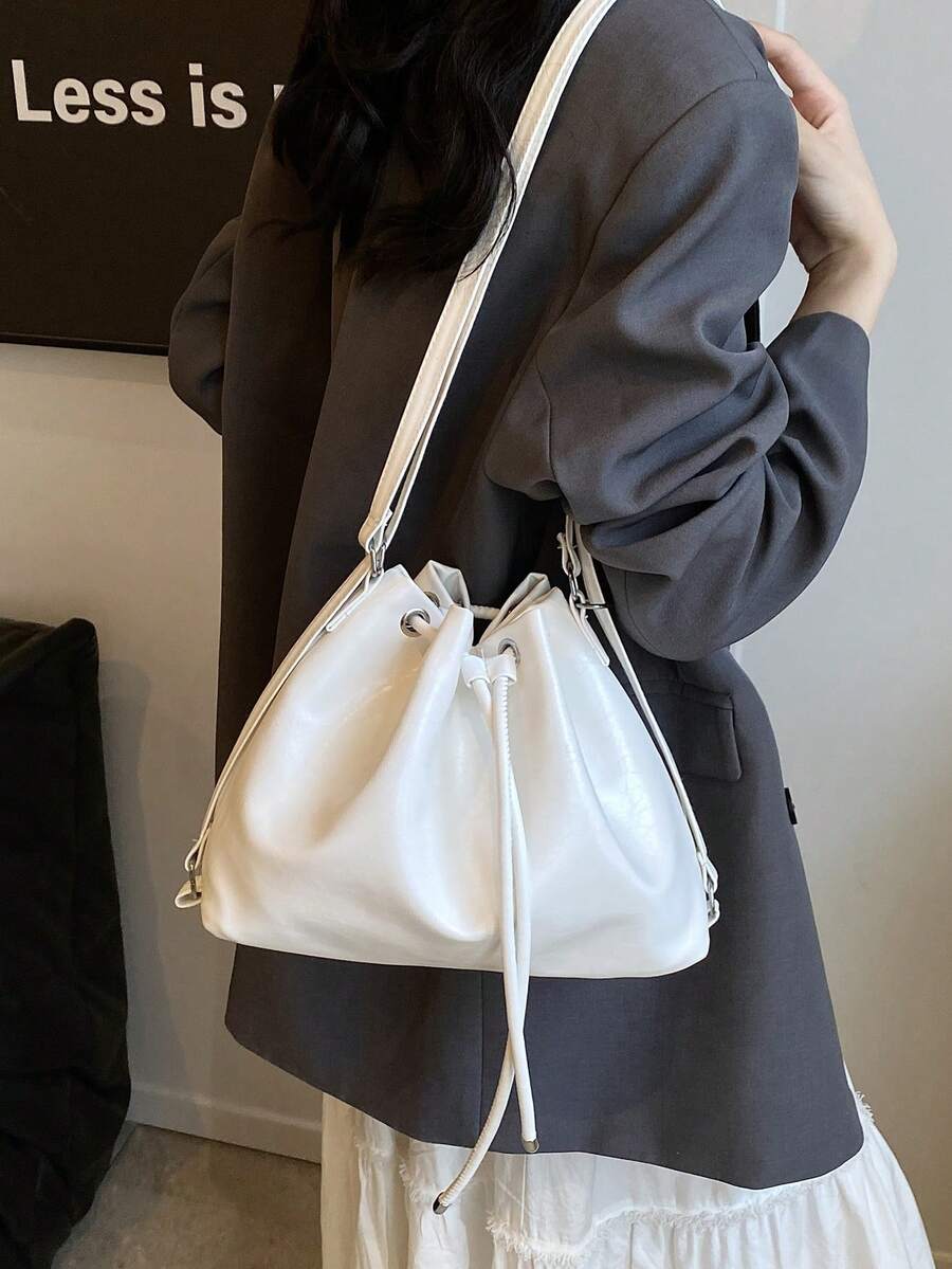奢华小众水桶包、时尚单肩包、优质金属福袋、百搭斜挎背包，适合日常通勤 - 白色 - 查看 1