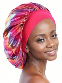 Women Bonnet, Extra Large Wide-Brimmed Elastic Silky Satin Sleep Cap, Casual, Comfortable, Soft Hair Styling, Home And Daily Style Hair Care Cap - Hot Pink - View 3