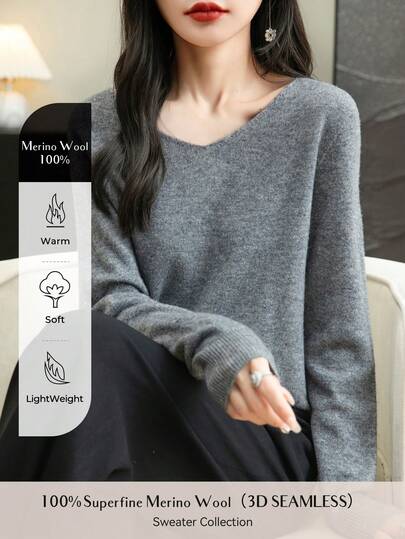 女士毛衣 一字无缝毛衣 女士 V 领毛衣 秋冬长袖柔软针织套头衫