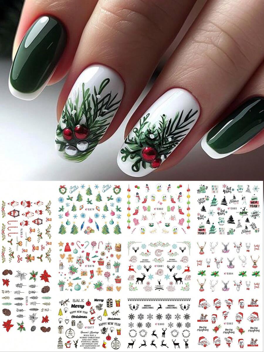 11 Designs 3D Christmas Designs Nail Stickers Winter Nails Tree Holly