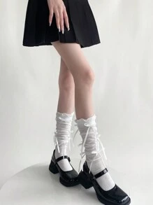 1 par de calentadores de piernas con lazo de 6 cintas en color blanco para mujeres, calcetines de nicho hechos a mano, dulces y lindos, para otoño/invierno, con adorno de encaje, cinta a rayas, puño enrollado delgado, hasta la rodilla, ajuste de punto ceñido, adecuado para vacaciones y fiestas, 2 formas de usar