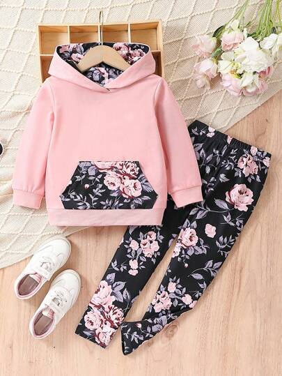 2pcs Young Girl Outfits Floral Leggings & Hooded Long Sleeve Sweatshirt Set, Fashion Spring Autumn Wear