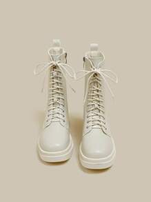 Women's Winter White Boots, New Autumn Winter Thick Sole Ankle Boots Women, Mid-Calf Lace-Up Zipper  Boots