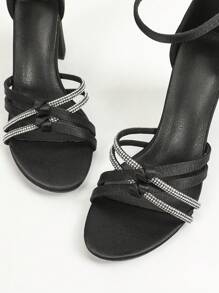 Women's Fashion New Comfy High Heel Rhinestone Sequined Thick Heel Roman Sandals For Evening Gala Party - Black - View 6