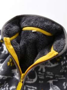 YUHANWOO Young Boy Thermal Lined Zip-Up Jacket, New Arrival, Stand Collar, Warm Thermal Lining, Cartoon Dinosaur Pattern, Grey Color, Suitable For Casual Indoor/Outdoor Wear, Autumn/Winter