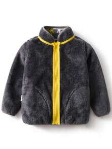 YUHANWOO Young Boy Thermal Lined Zip-Up Jacket, New Arrival, Stand Collar, Warm Thermal Lining, Cartoon Dinosaur Pattern, Grey Color, Suitable For Casual Indoor/Outdoor Wear, Autumn/Winter