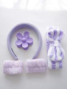 5 件蝴蝶结头带，女士可爱珊瑚绒洗脸头带、发箍、腕带、毛绒发圈、花朵发夹 - 紫色 - 查看 5