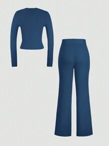 GAOVOT 女士两件套春夏 Y2K 运动休闲家居纯色修身长袖T恤和抽绳长裤套装 - 寶藍色 - 查看 9