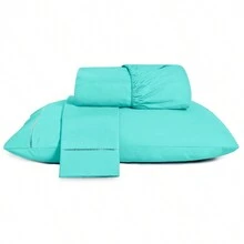 3-Piece Sheet Set 400 Thread Count Queen Size Bed Micropercal Ponto Palito Hotel Soft Touch - Màu xanh ngọc lam - Xem 1