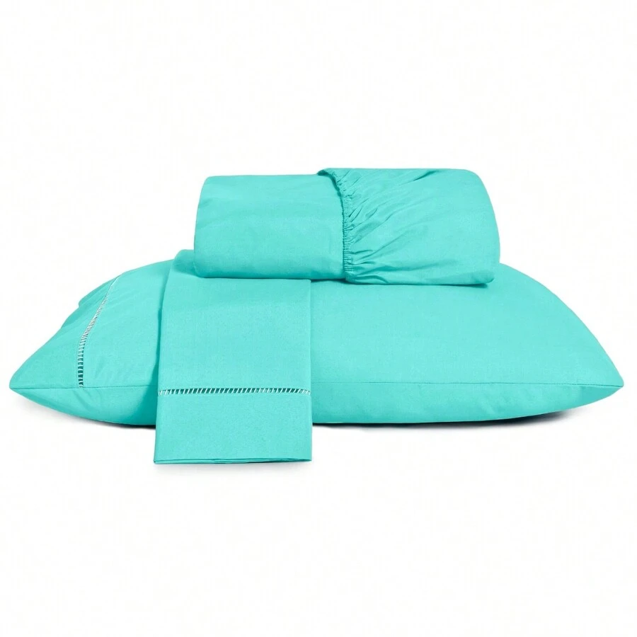 3-Piece Sheet Set 400 Thread Count Queen Size Bed Micropercal Ponto Palito Hotel Soft Touch - Màu xanh ngọc lam - Xem 1