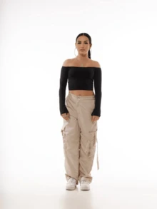 Butterfly Official  Cropped Off-The-Shoulder Blouse With Long Flare Sleeves And Great Elasticity, Gringa Fashion - 黑色 - 查看 3