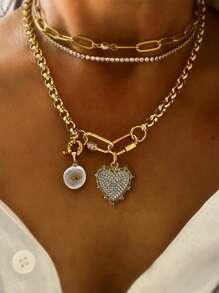 1 件心形吊坠项链，心形 Rolo 链项链，红色心形吊坠项链，金色多吊坠项链，情人节、妈妈、母亲、母亲节、礼物 - 金色 - 查看 6