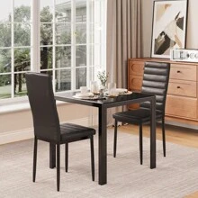 3 Piece Glass Dining Table Set, Kitchen And Chairs For 2, PU Leather Modern Room Sets For Home, Kitchen, Living Room - màu đen - Xem 3